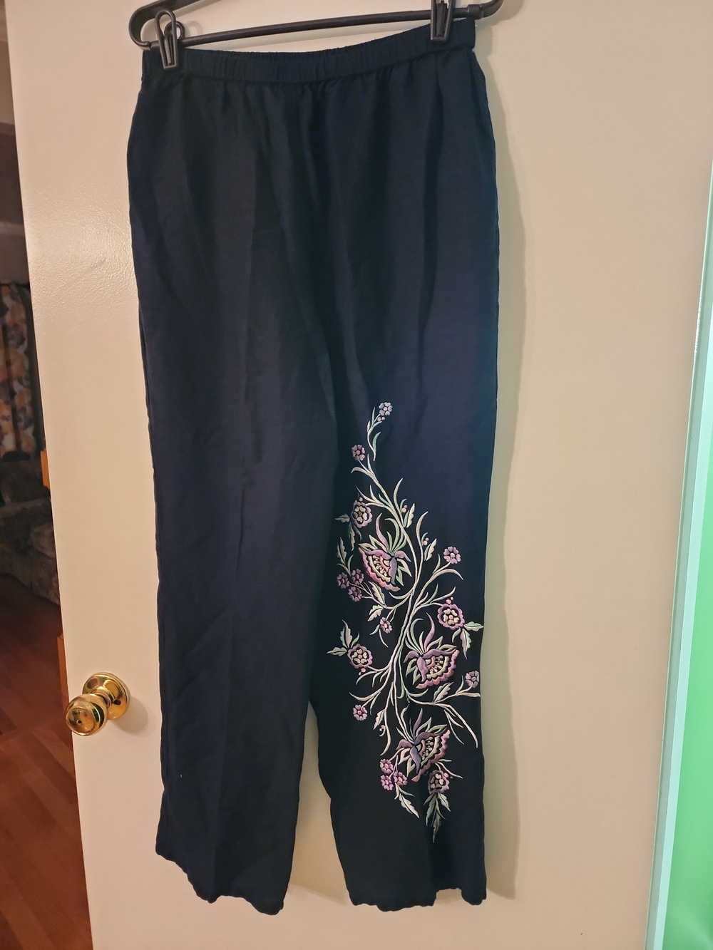 Bob Mackie Black Linen Blend Embroidered Women's Pants